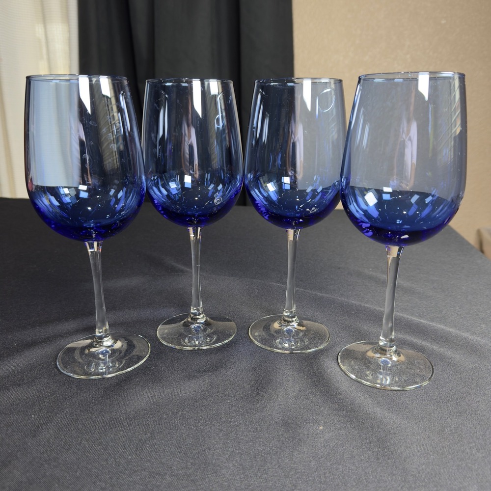 Libbey Vina Blue Wine Glasses Set of 4 Clear Stem Two Tone Glassware 9.25"